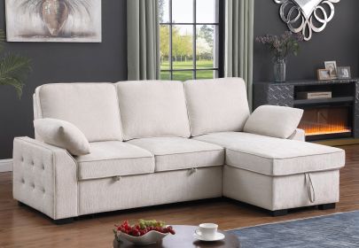 Mackenzie 91" Beige Chenille Fabric Reversible Sleeper Sectional with Storage Chaise, Drop-Down Table, Cup Holders and Charging Ports