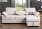 Mackenzie 91" Beige Chenille Fabric Reversible Sleeper Sectional with Storage Chaise, Drop-Down Table, Cup Holders and Charging Ports