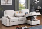 Mackenzie 91" Beige Chenille Fabric Reversible Sleeper Sectional with Storage Chaise, Drop-Down Table, Cup Holders and Charging Ports