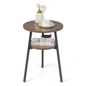 2-Tier Round End Table with Open Shelf and Triangular Metal Frame (Color: BROWN)